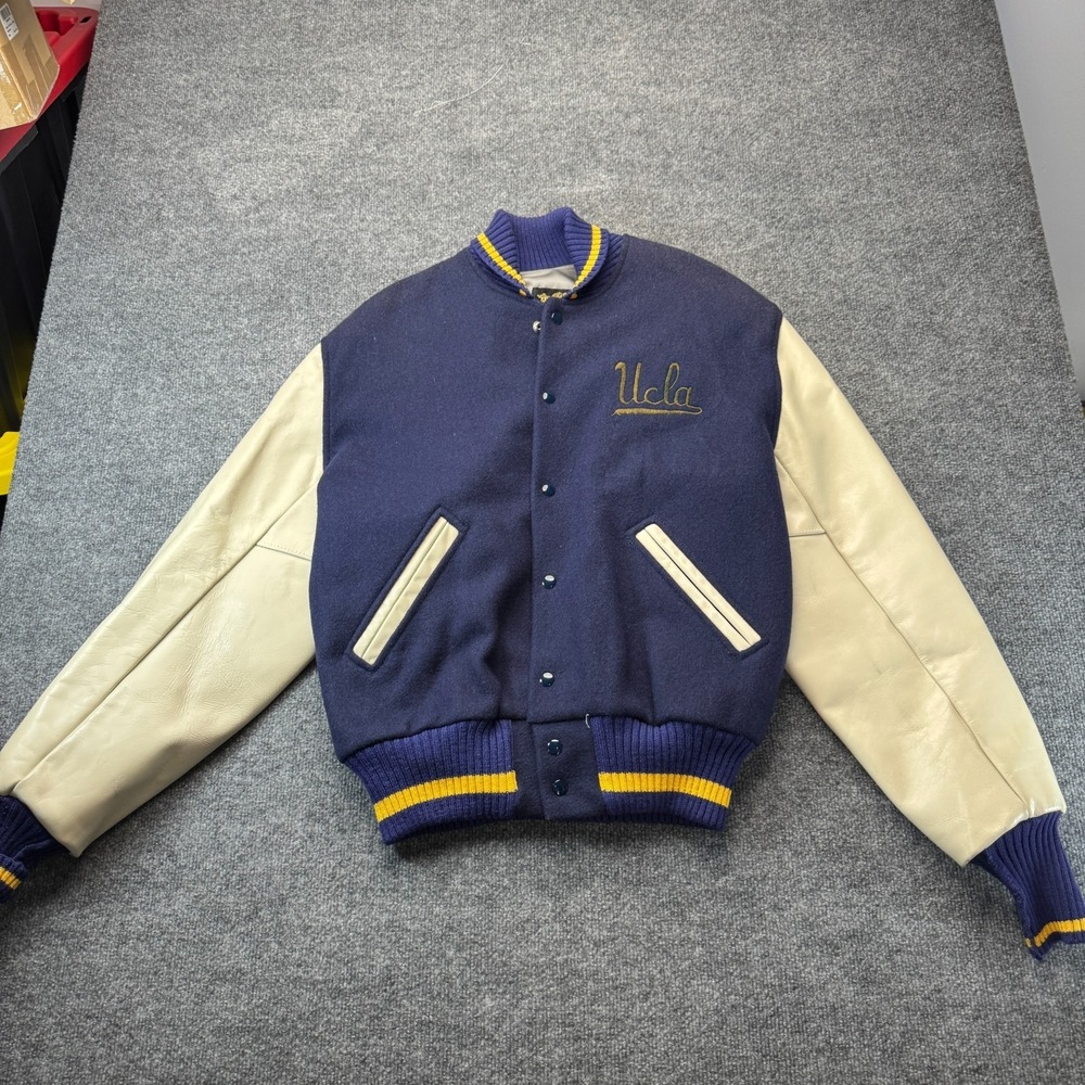 Vintage Albion UCLA Varsity Jacket 44 Mens L Blue Wool Cowhide Leather Sleeves